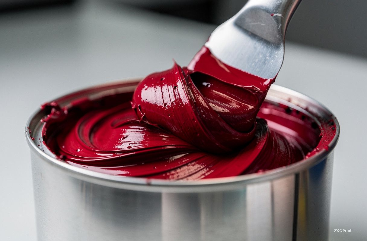 rote Offsetdruckfarbe wird während der Produktion in einem Metallbehälter gemischt
