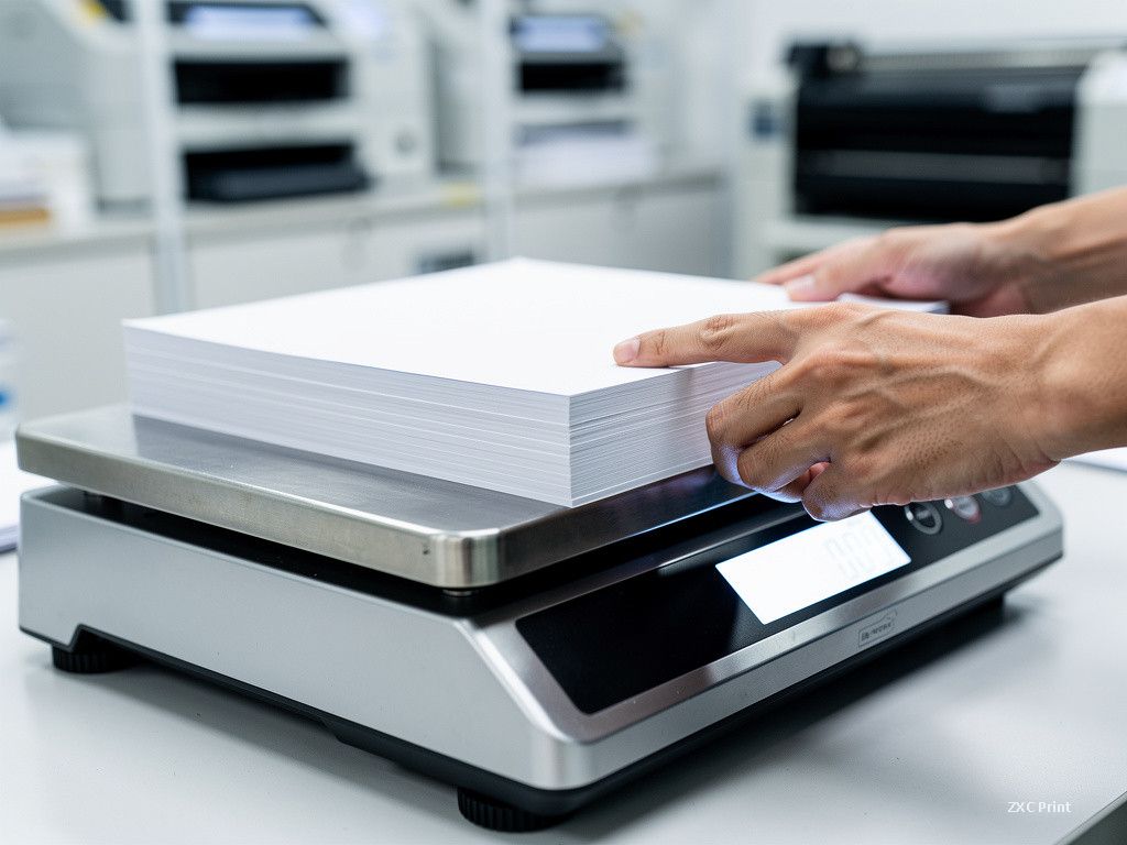 Wiegen eines Papierrieses auf einer digitalen Waage in einer Druckerei